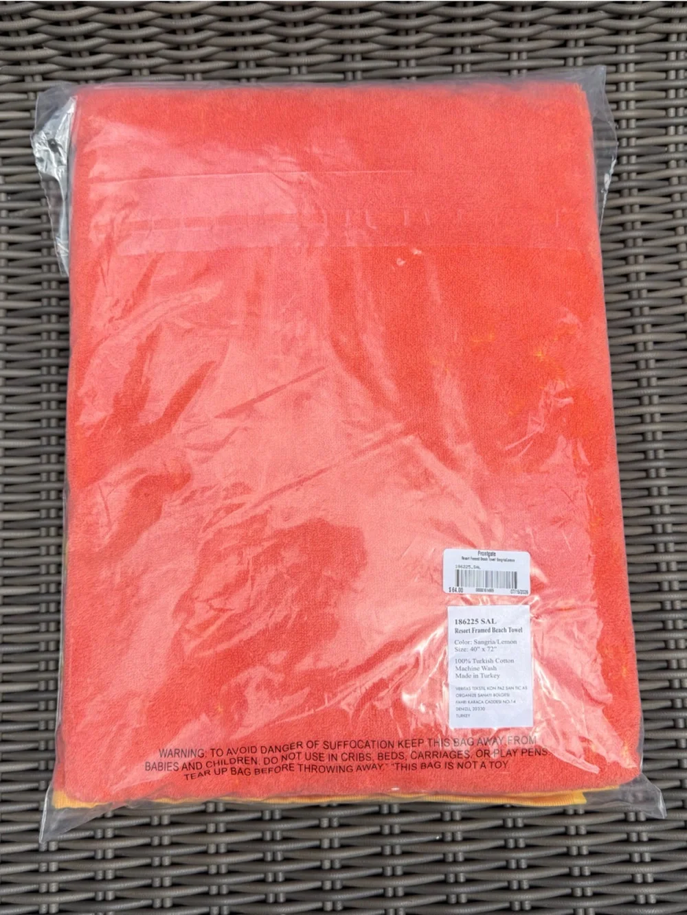 Frontgate Coral & Yellow Striped Beach Towel - NWT